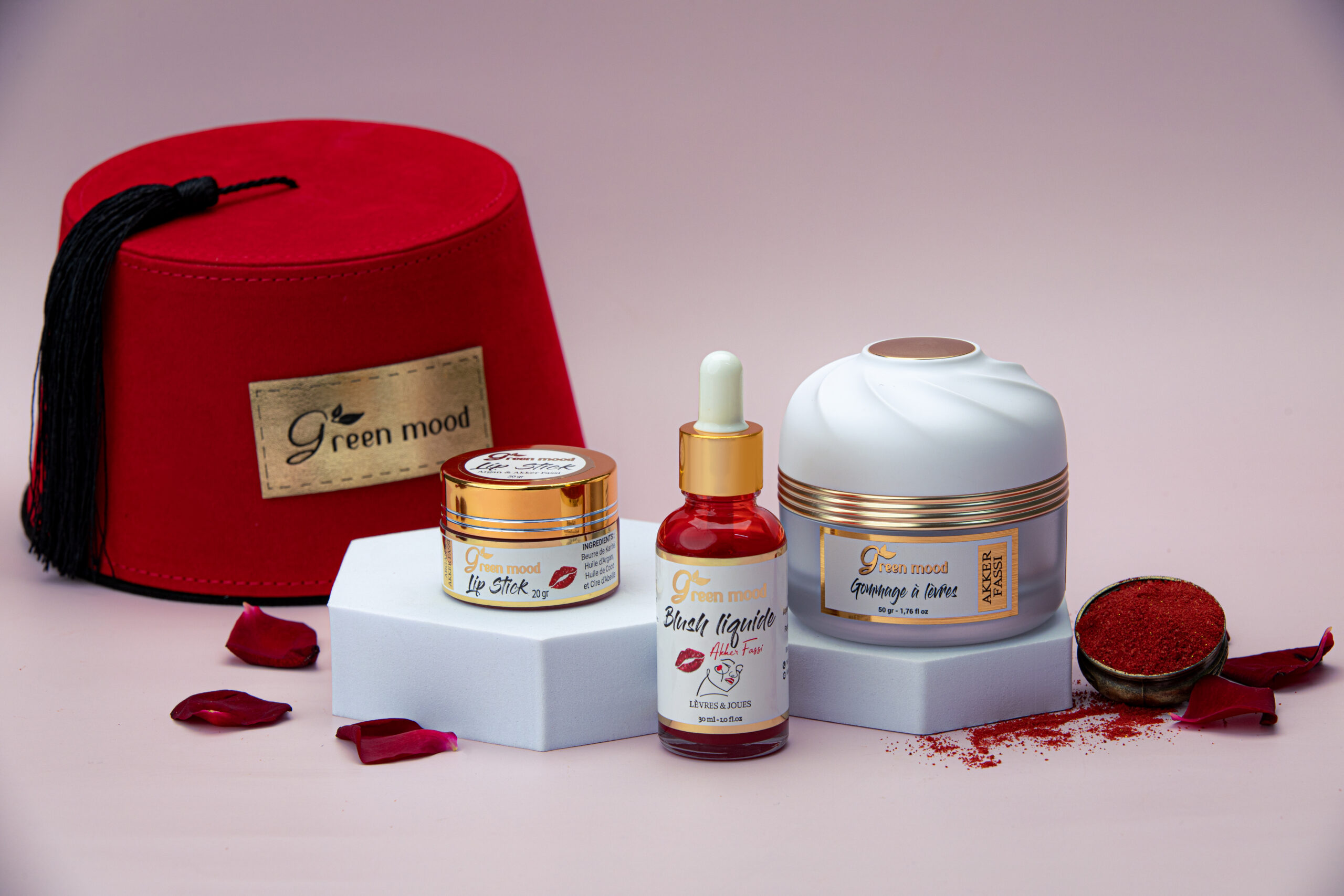 Collection Aker Fassi Green Mood — Blush Liquide, Baume à Lèvres et Gommage Aker Fassi pour un rituel beauté marocain complet
