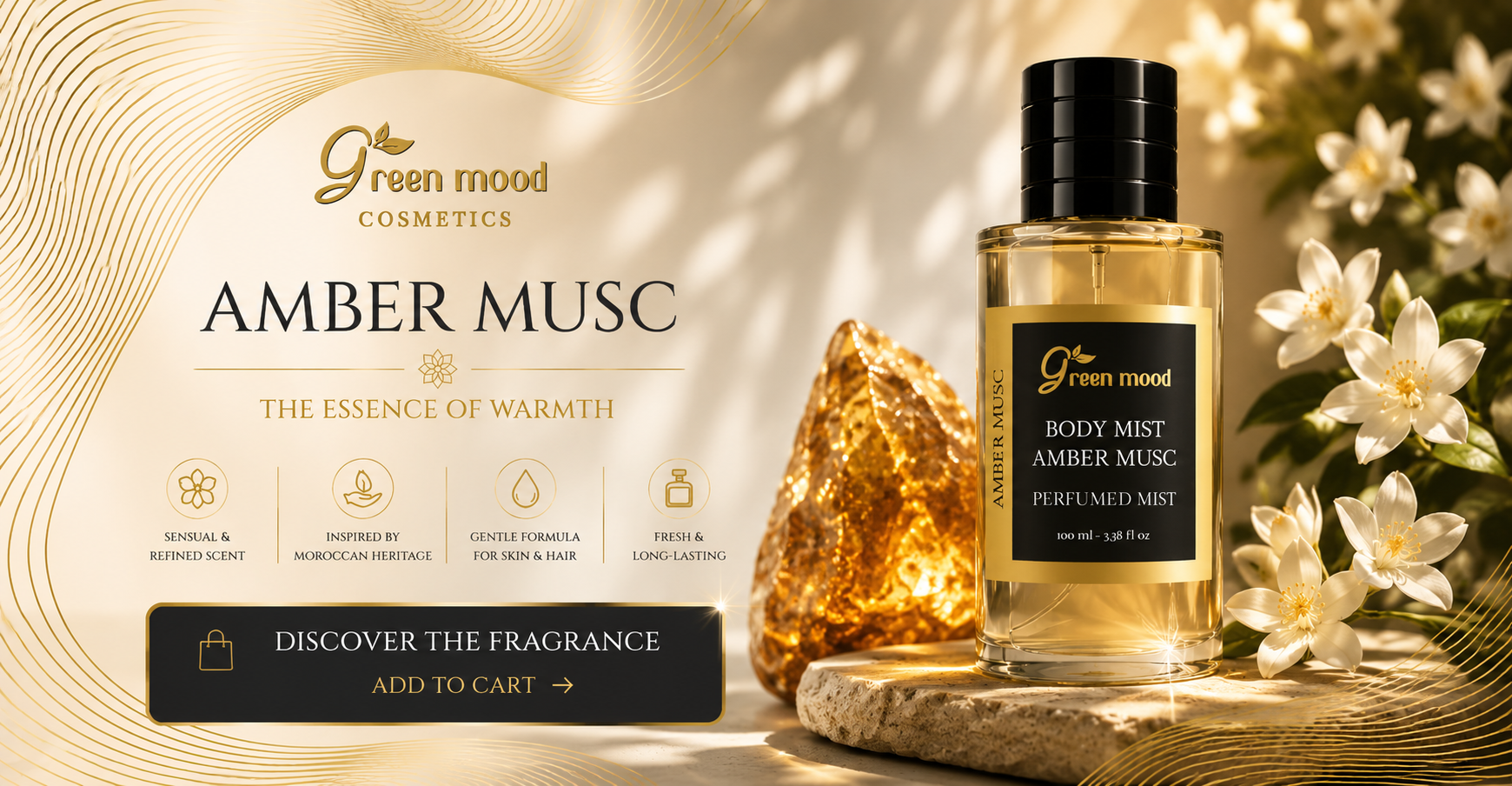 Green Mood Musk Perfume & Mist — natural unisex fragrance made in Morocco, low-alcohol