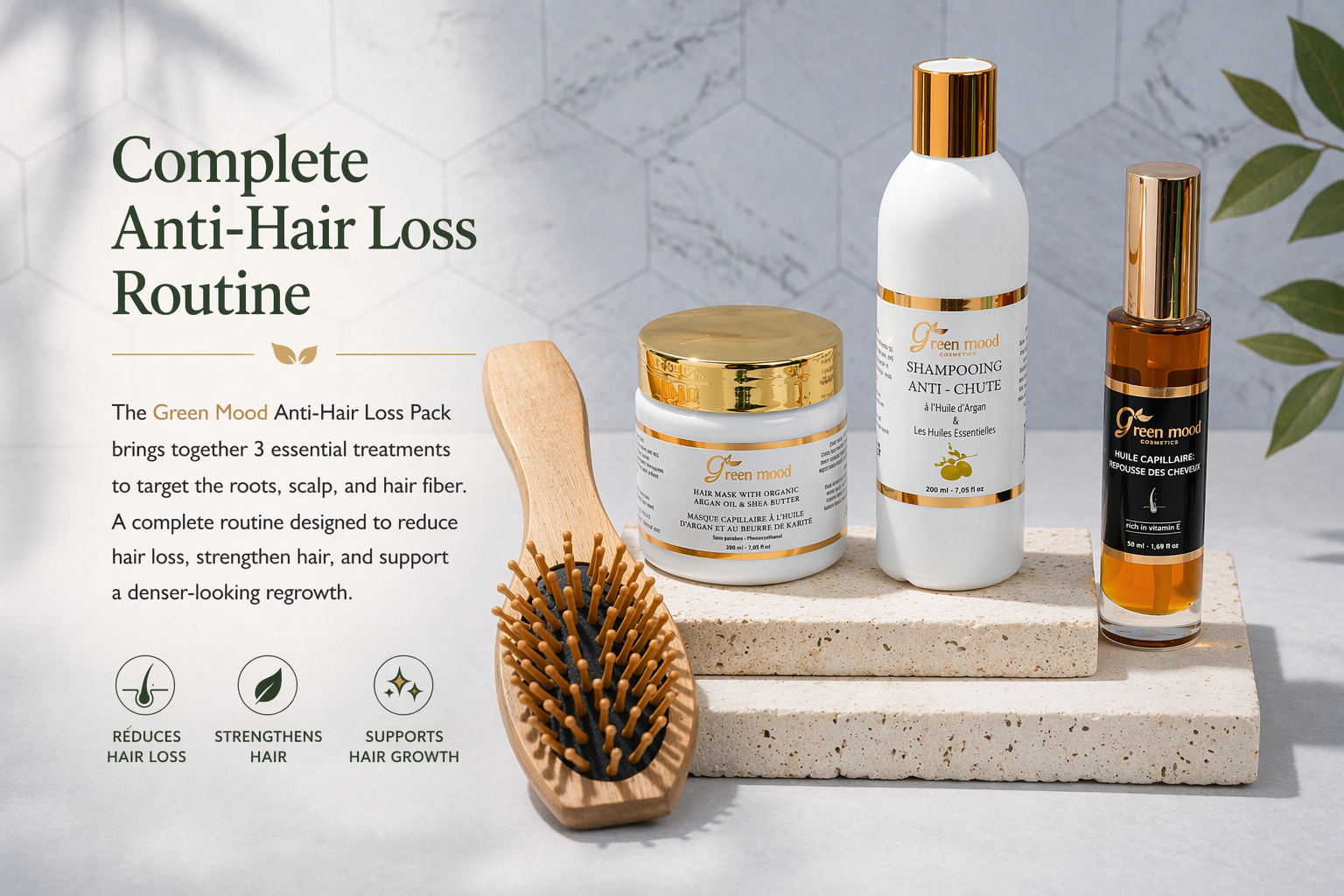 green mood anti hair loss routine complete set serum shampoo mask