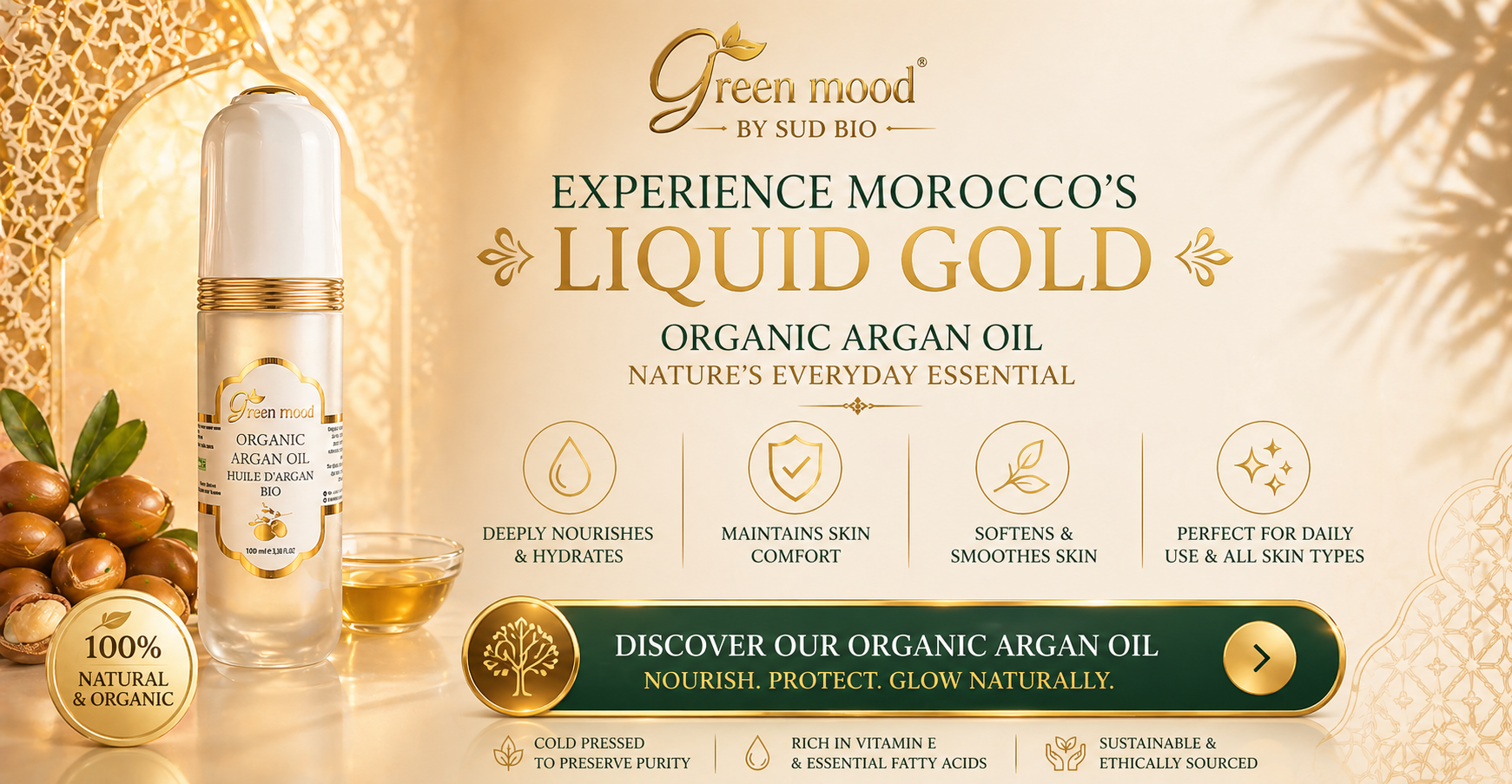 Organic Pure Argan Oil Morocco — liquid gold natural premium skincare by Green Mood