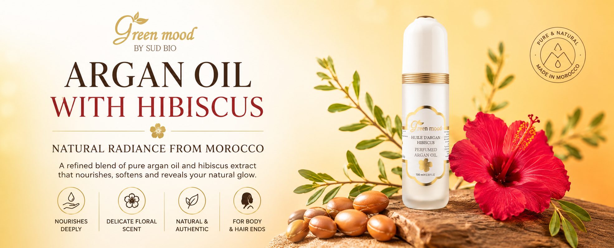 Argan Oil with Hibiscus by Green Mood – Certified pure argan oil infused with hibiscus
