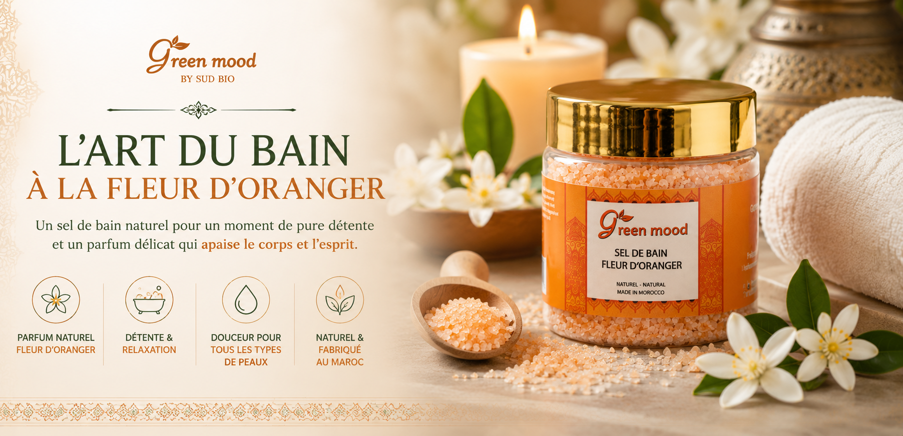 Sel de Bain Fleur d'Oranger Green Mood avec fleur d'oranger naturelle pour un bain relaxant et apaisant