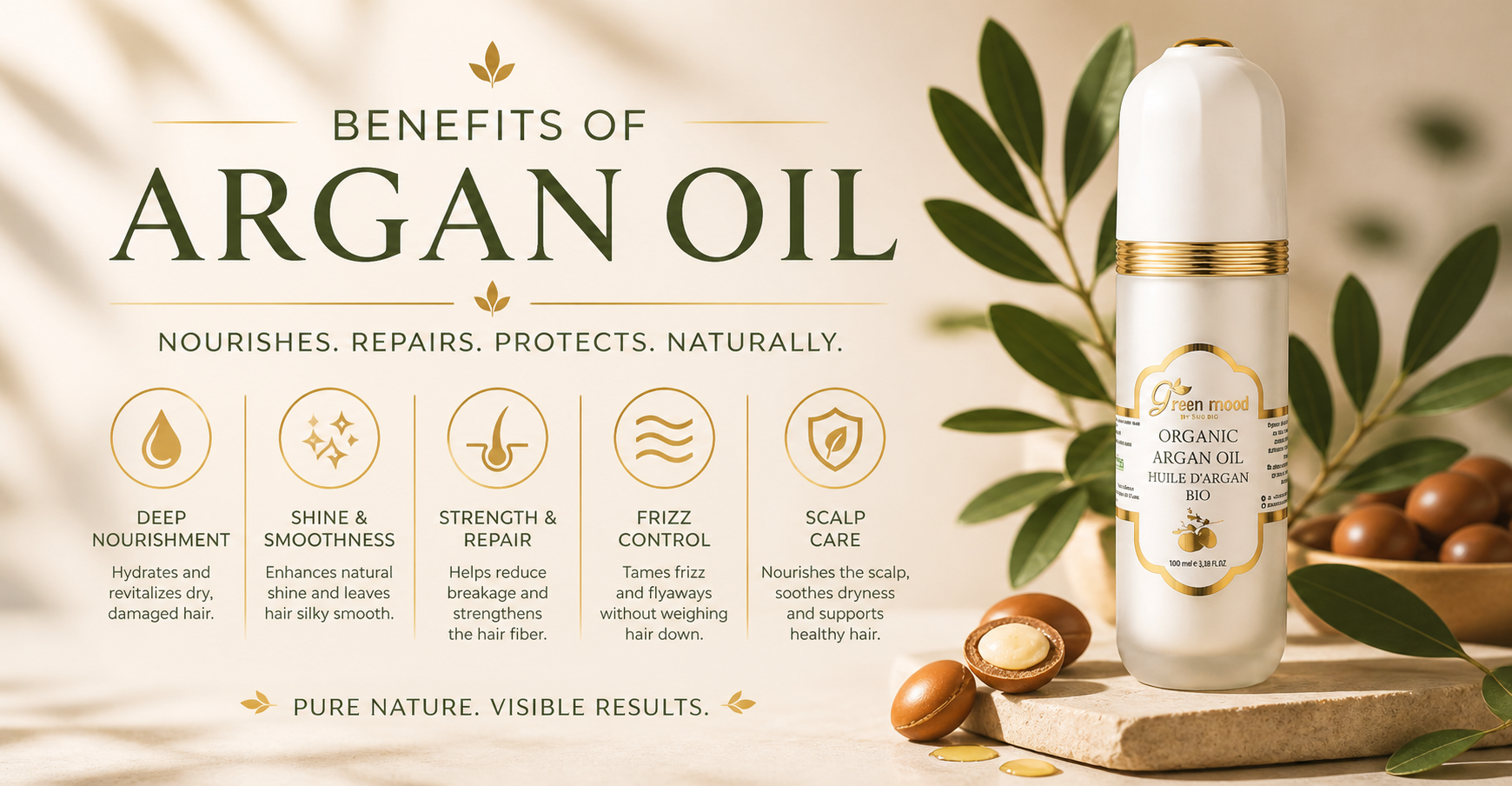 Benefits of argan oil for hair — hydration, shine, frizz control, reduced breakage, scalp comfort