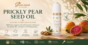 Green Mood organic prickly pear seed oil with fresh cactus fruit, highlighting the benefits of pure Moroccan prickly pear seed oil for skin