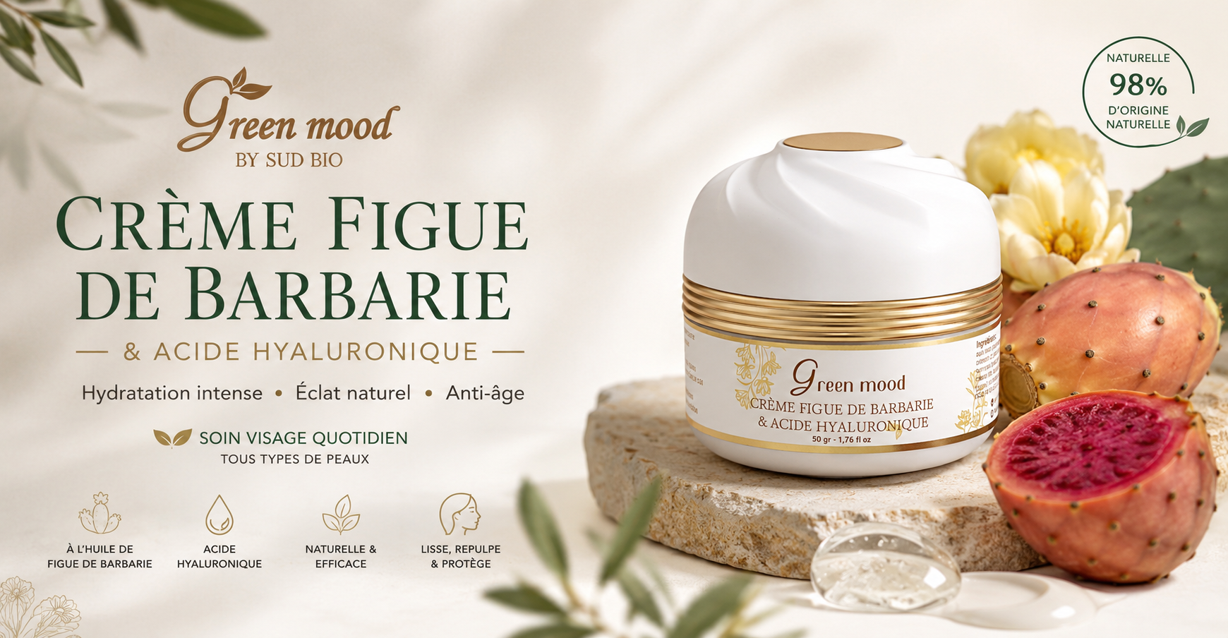 Crème Visage à l'Acide Hyaluronique & Figue de Barbarie — Soin Hydratant & Repulpant
