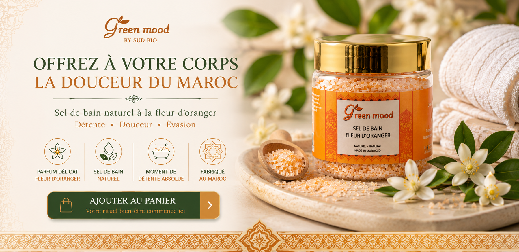 Acheter le Sel de Bain Fleur d'Oranger Green Mood – Sel de bain naturel fabriqué au Maroc pour un rituel bien-être