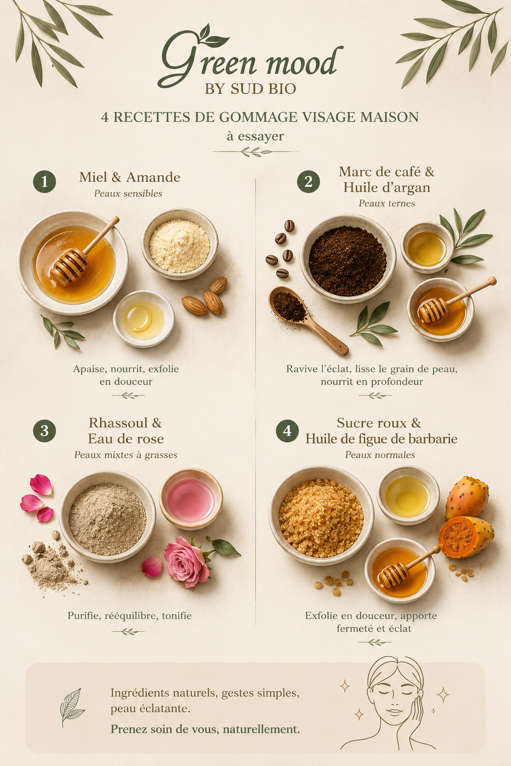 Recette gommage visage maison — miel, marc de café, rhassoul, huile d'argan