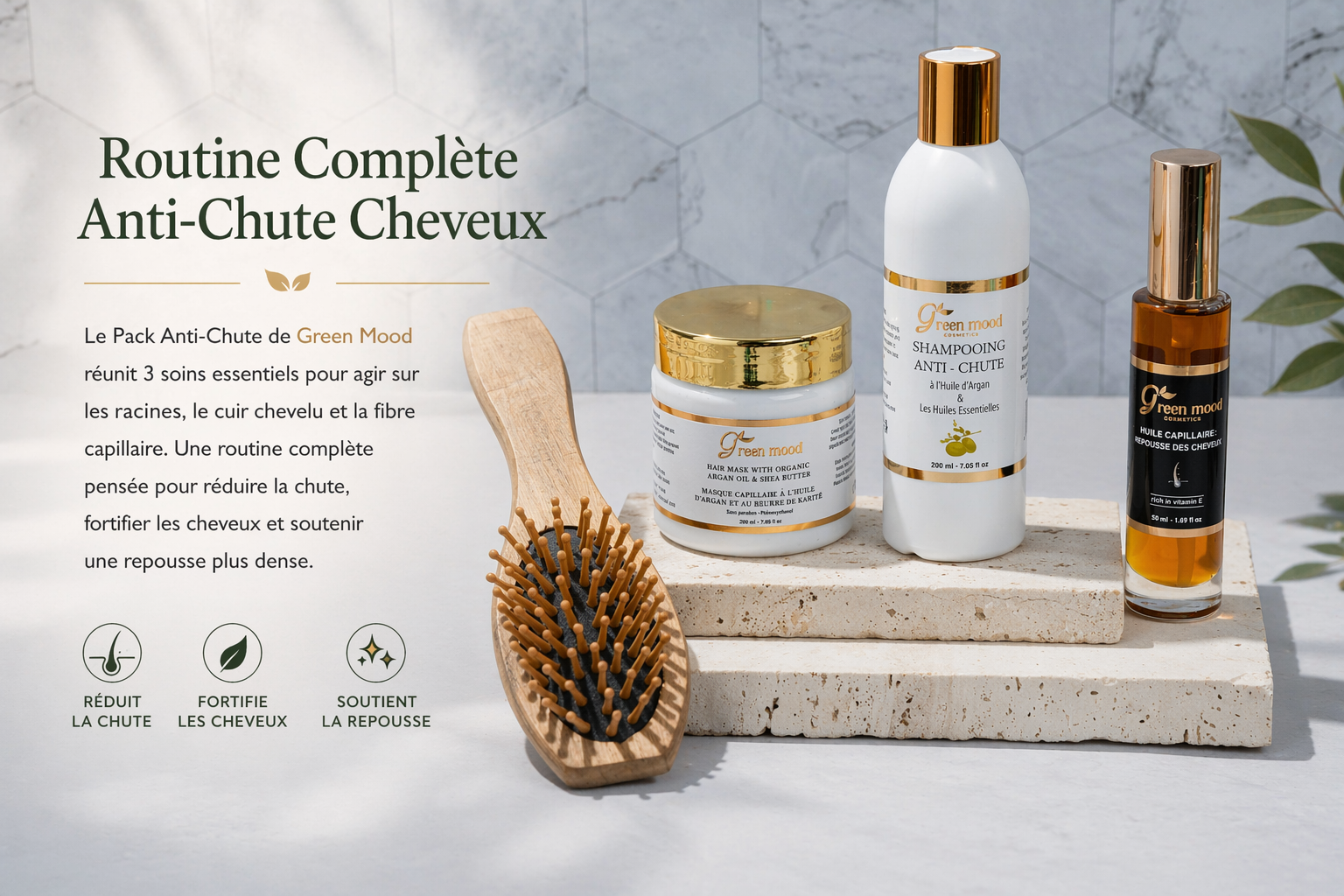 routine anti chute cheveux green mood pack complet sérum shampoing masque