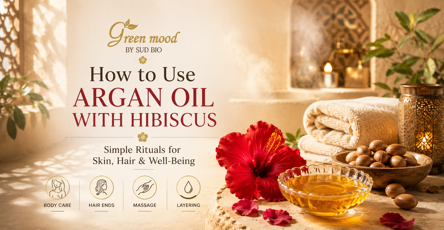 Moroccan argan oil and hibiscus beauty ritual for body care, hair care and massage by Green Mood