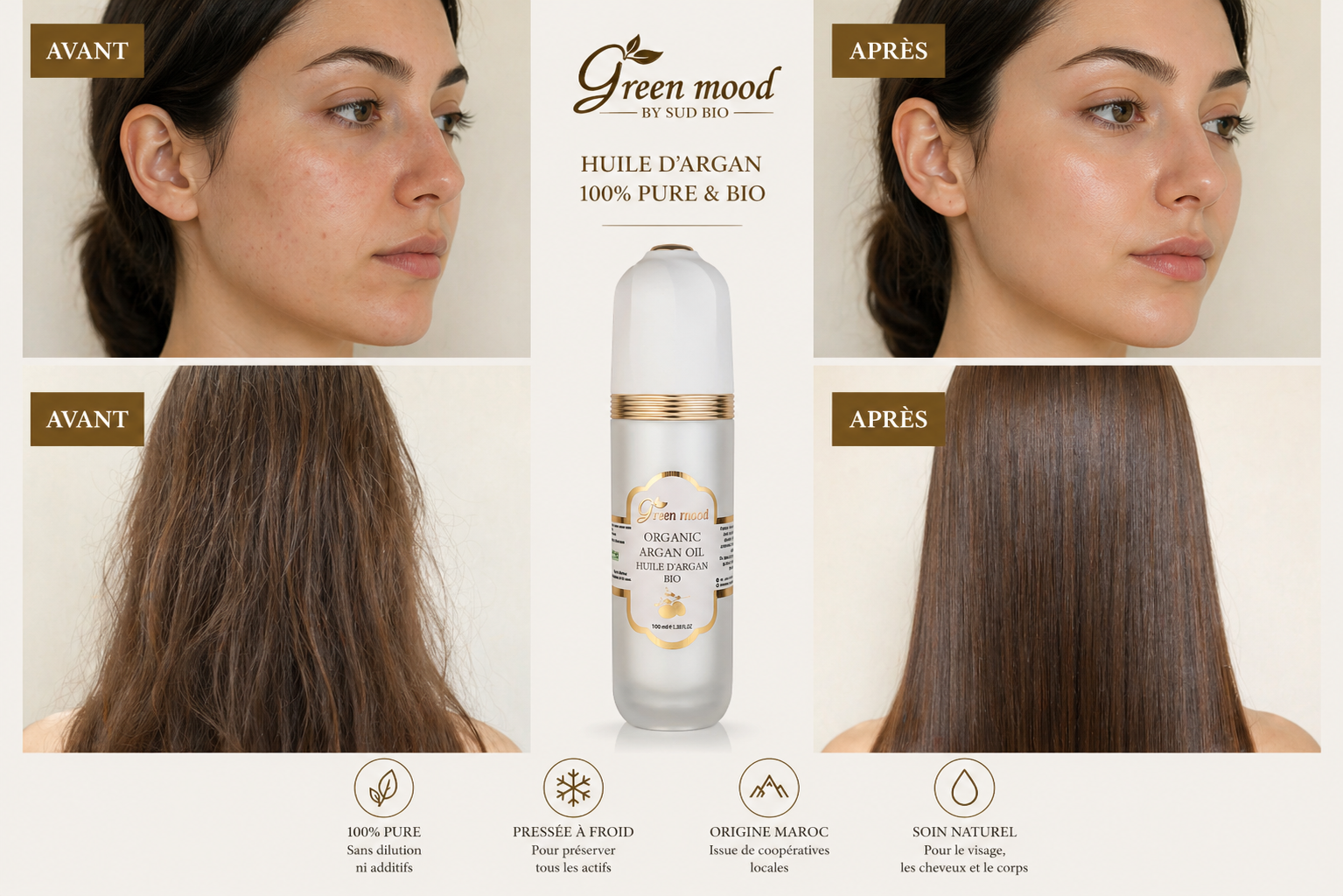 Avant après huile d'argan visage et cheveux Green Mood — peau plus lisse et cheveux plus brillants