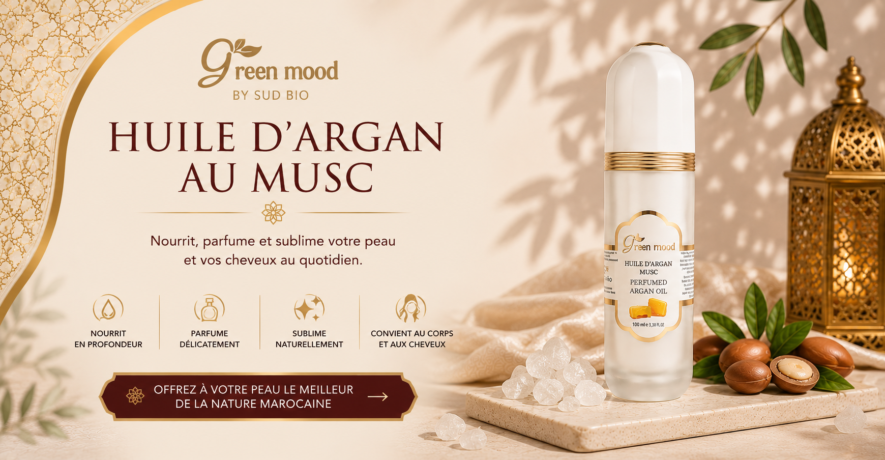 Huile d'argan au musc Green Mood, soin parfumé marocain enrichi en huile d'argan et musc pour nourrir et sublimer la peau et les cheveux