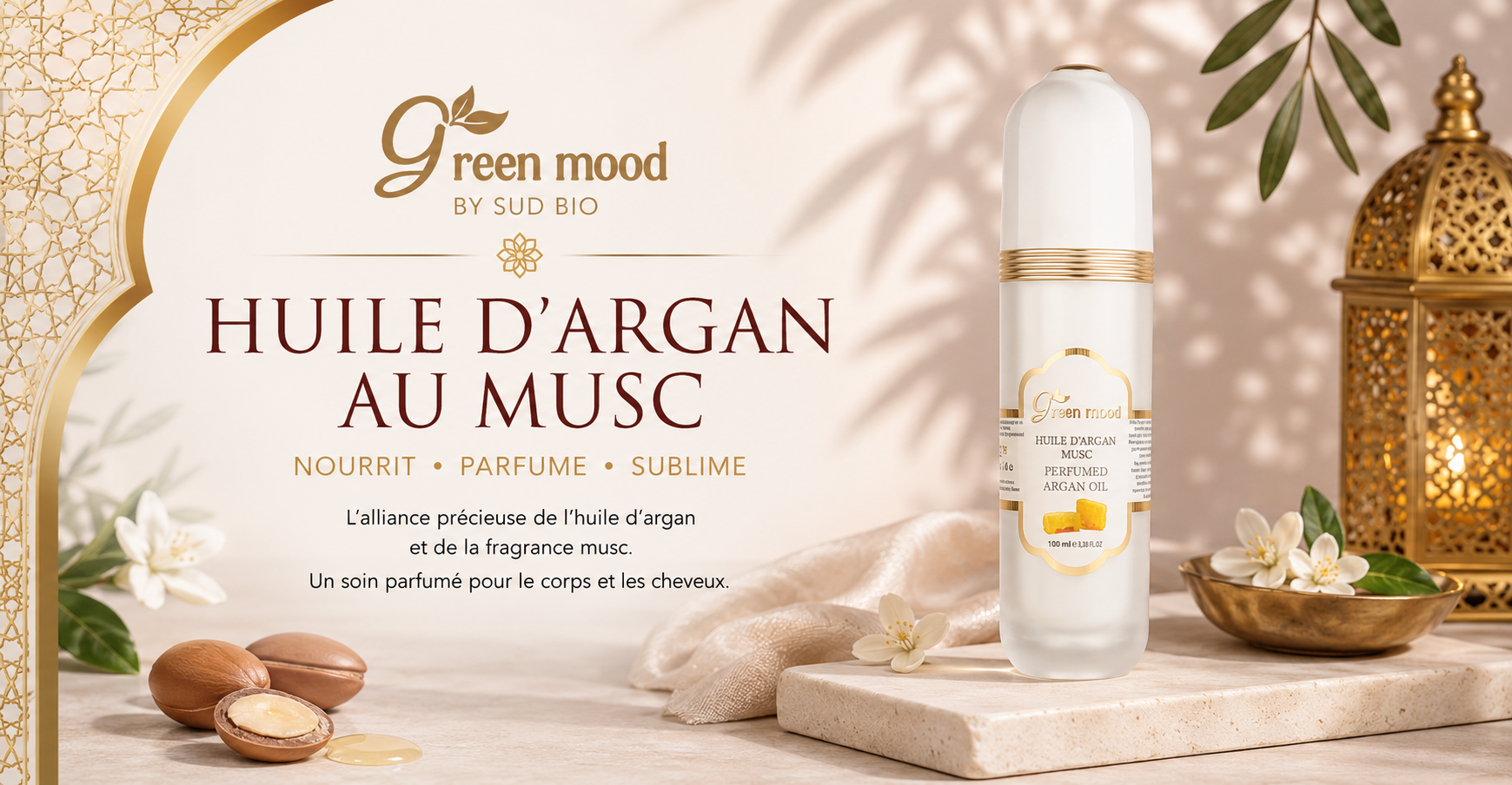 Huile d'argan au musc Green Mood avec huile d'argan pure du Maroc et cristaux de musc, soin nourrissant parfumé pour le corps et les cheveux