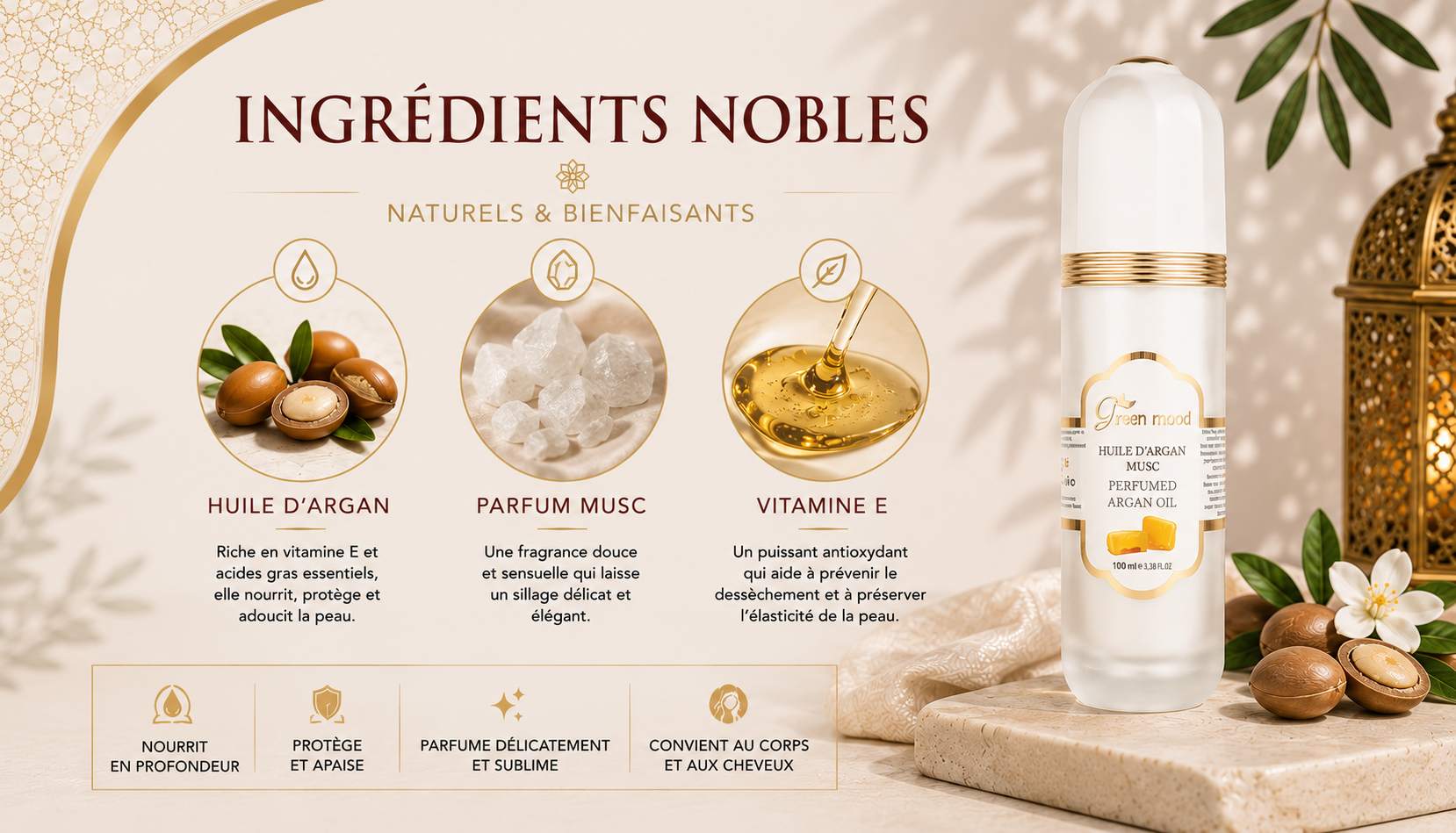 Huile d'argan marocaine, cristaux de musc et vitamine E, ingrédients naturels de l'huile d'argan au musc Green Mood