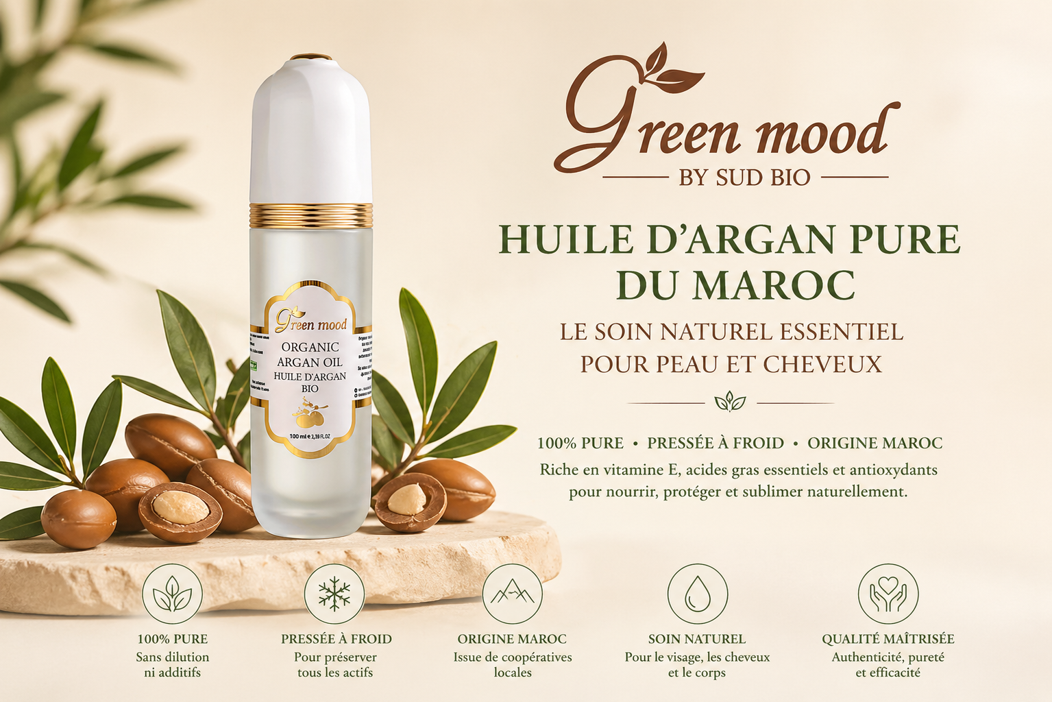 huile d’argan pure bio maroc Green Mood pressée à froid soin naturel visage cheveux peau huile argan premium origine maroc