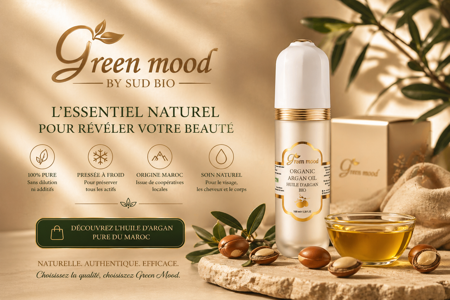 huile d’argan pure bio Green Mood soin naturel maroc pressée à froid visage cheveux