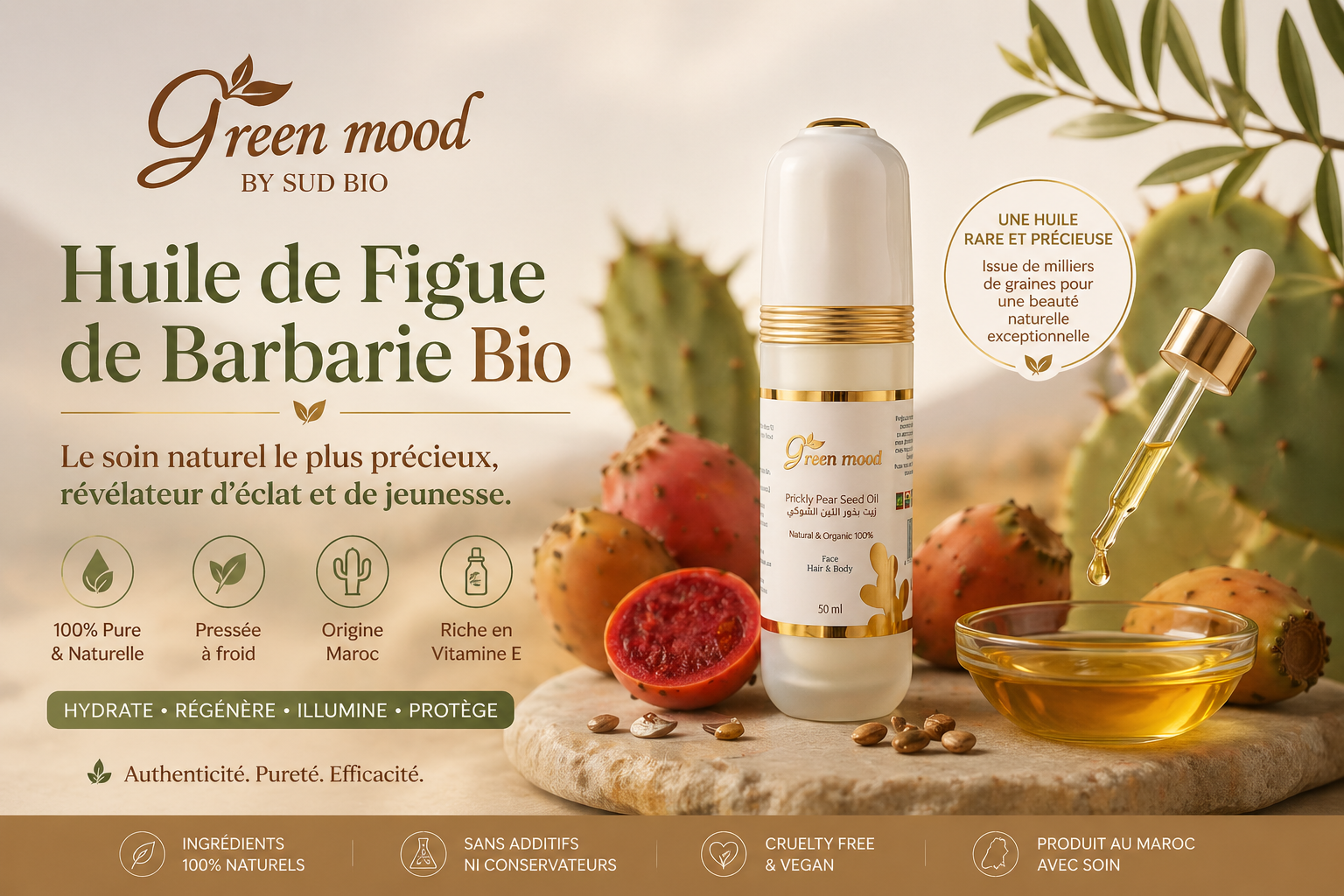 Huile de Figue de Barbarie bio Green Mood — pressée à froid, soin naturel visage pour un teint éclatant