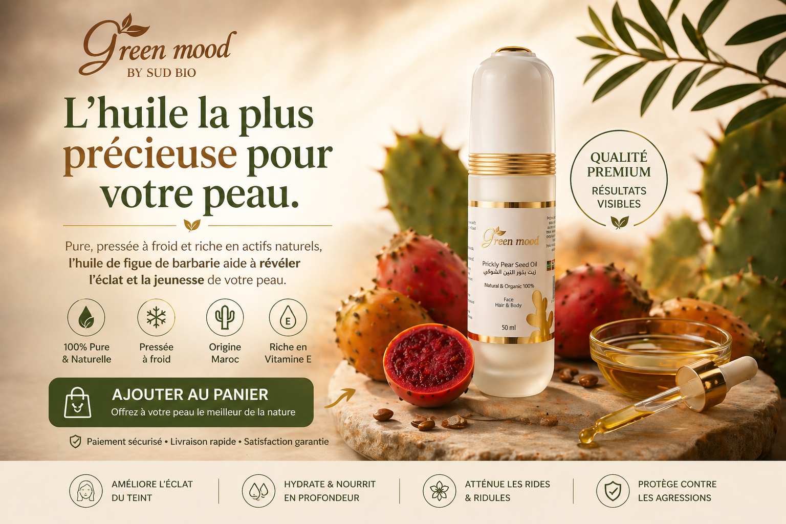 Huile de Figue de Barbarie prix — huile pure marocaine Green Mood, livraison internationale