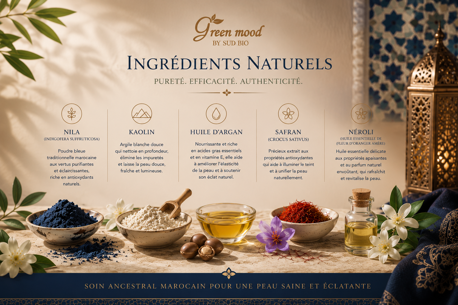 Ingredients naturels du masque nila de green mood - masque nila royal