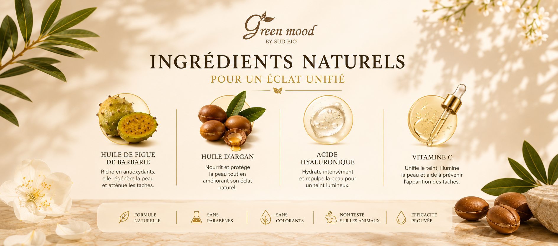 Ingrédients naturels du Sérum Éclat Anti-Taches Green Mood : huile de figue de barbarie, huile d’argan, acide hyaluronique et vitamine C pour une peau lumineuse, hydratée et unifiée.