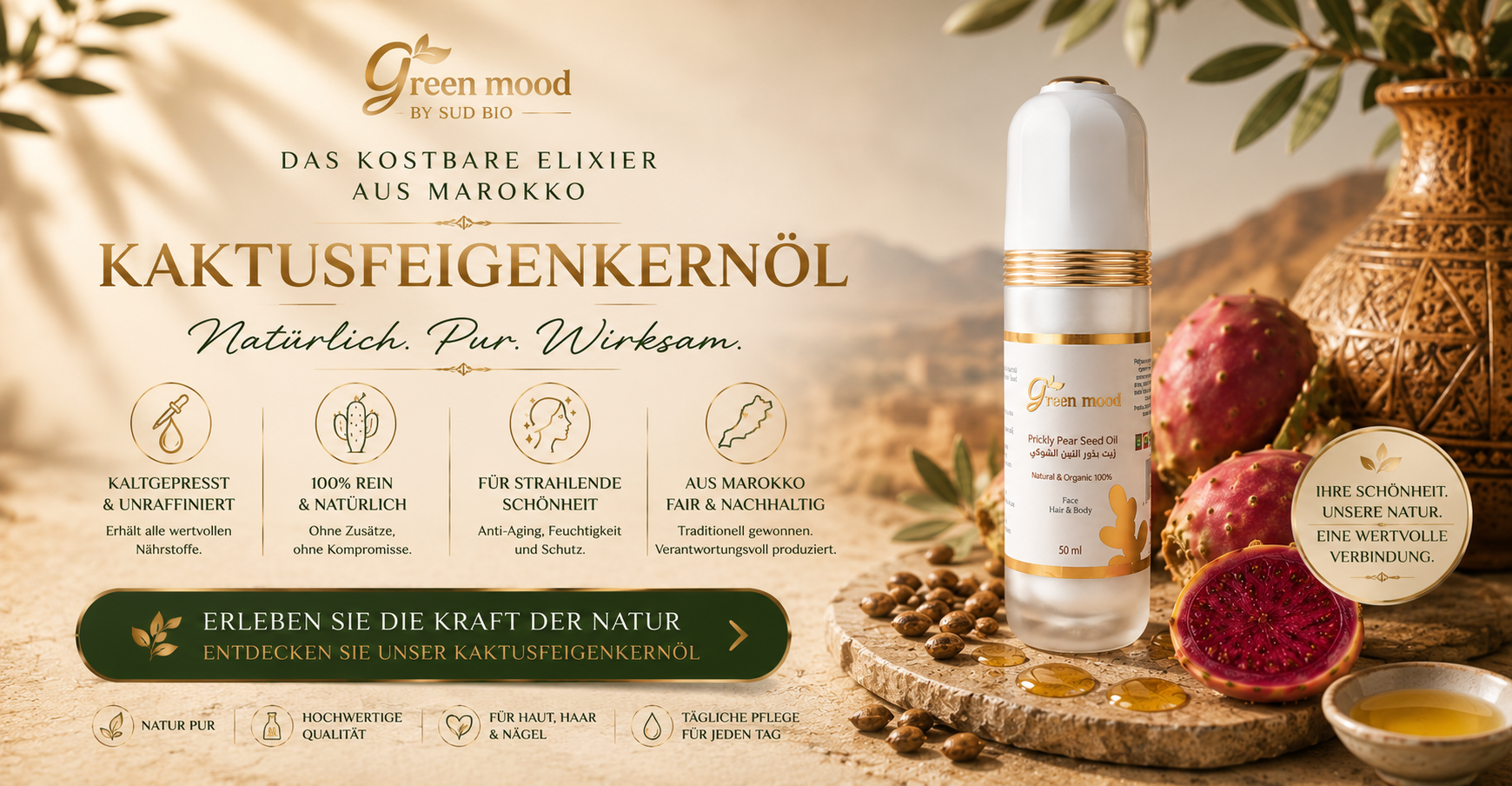 Bio-Kaktusfeigenkernöl aus Marokko von Green Mood – kaltgepresstes Premiumöl für intensive Anti-Aging-Pflege, Feuchtigkeit und natürliche Ausstrahlung