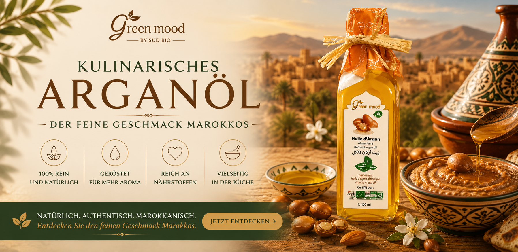 Kulinarisches Arganöl von Green Mood – entdecken Sie den authentischen Geschmack Marokkos mit geröstetem Premium-Arganöl
