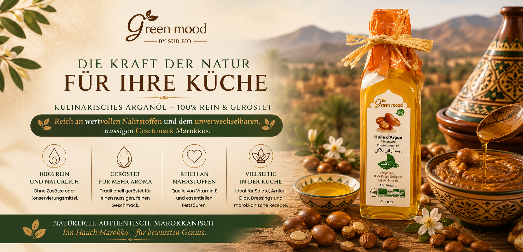 Kulinarisches Arganöl – reich an Vitamin E und natürlichen Nährstoffen, ideal für Amlou, Salate, Dressings und marokkanische Rezepte