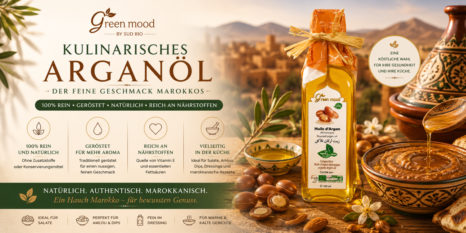 Kulinarisches Arganöl aus Marokko – geröstetes natives Arganöl für authentische marokkanische Küche von Green Mood