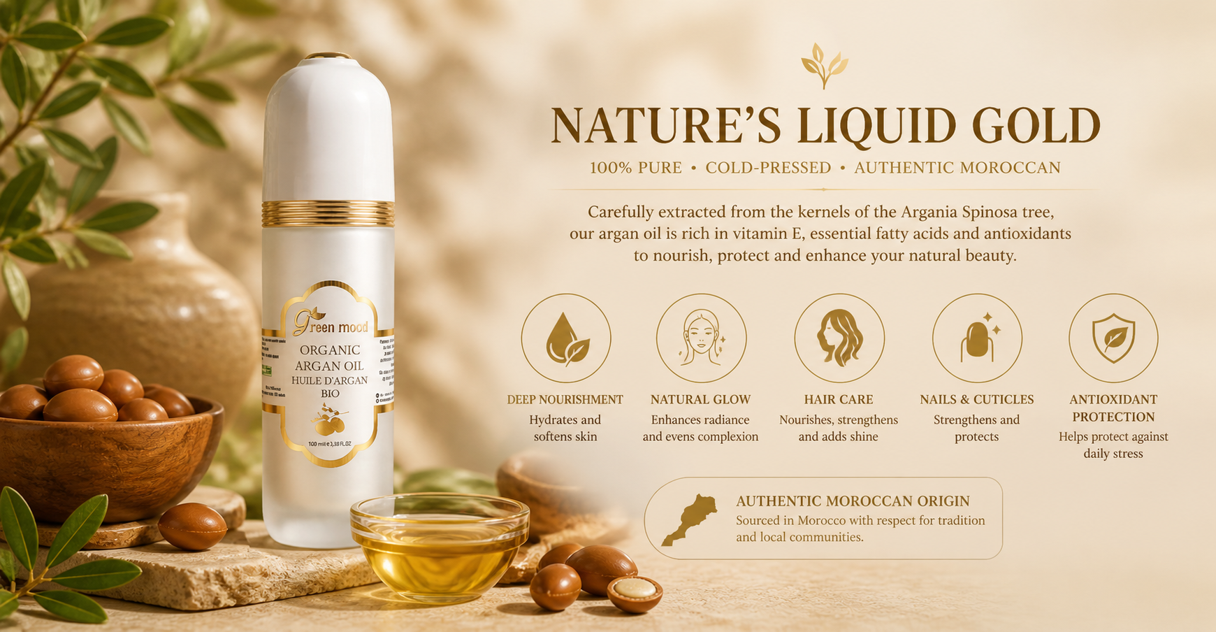 Argan oil benefits for face, hair, and body — pure Moroccan organic argan oil for a complete natural routine