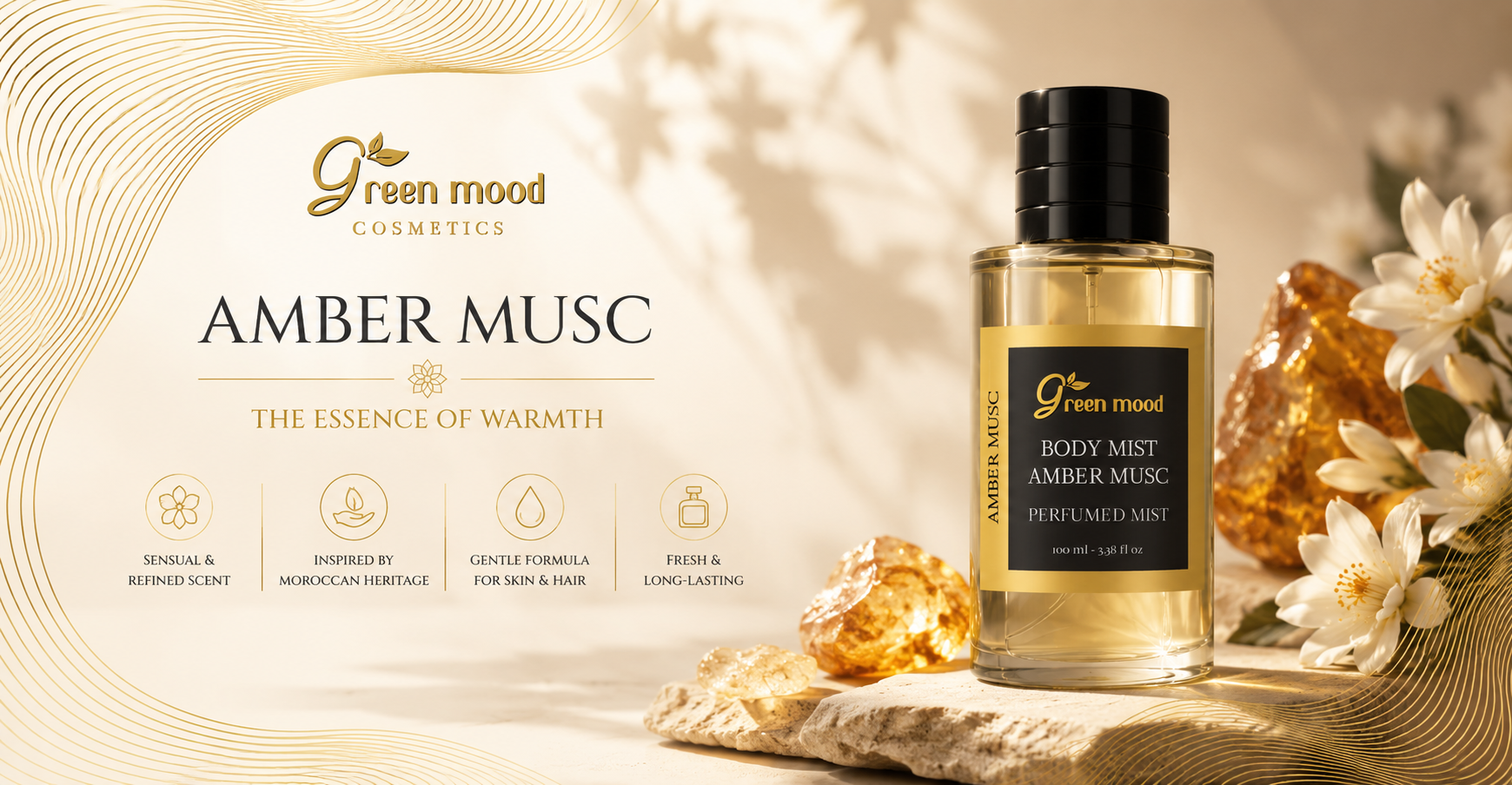 Green Mood Amber Musc body mist with amber resin and white blossoms, luxury Moroccan fragrance inspired by warm oriental notes