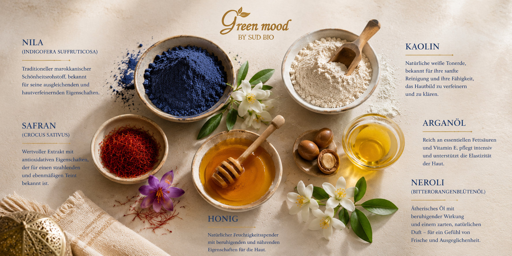Nila Maske Inhaltsstoffe mit Indigofera suffruticosa, Kaolin, Safran, Honig und Arganöl