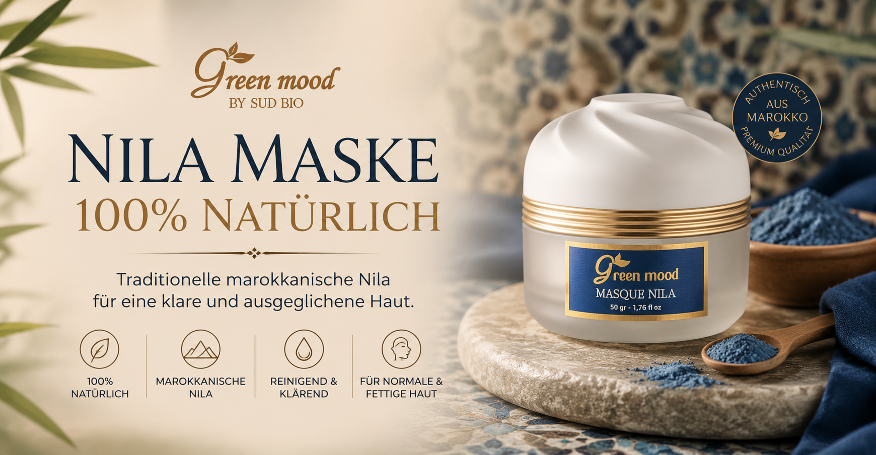 Nila Maske mit Indigofera suffruticosa, Safran und Arganöl – marokkanische Gesichtsmaske für ein strahlenderes Hautbild