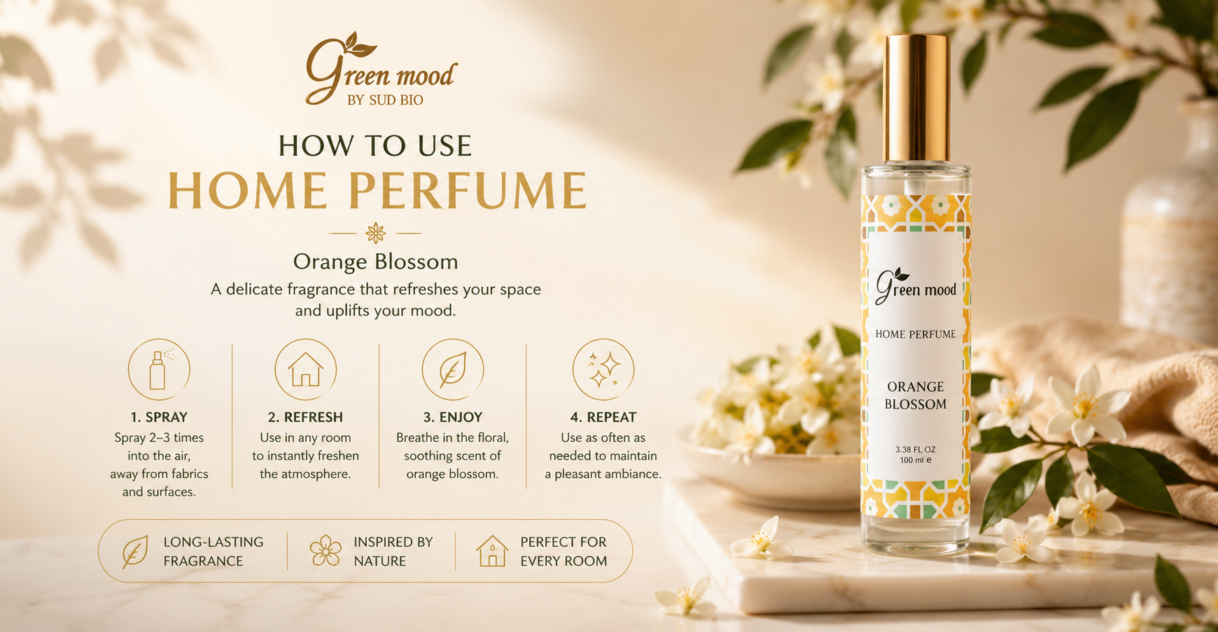 How to use orange blossom home fragrance by green mood - 100% natural home perfume