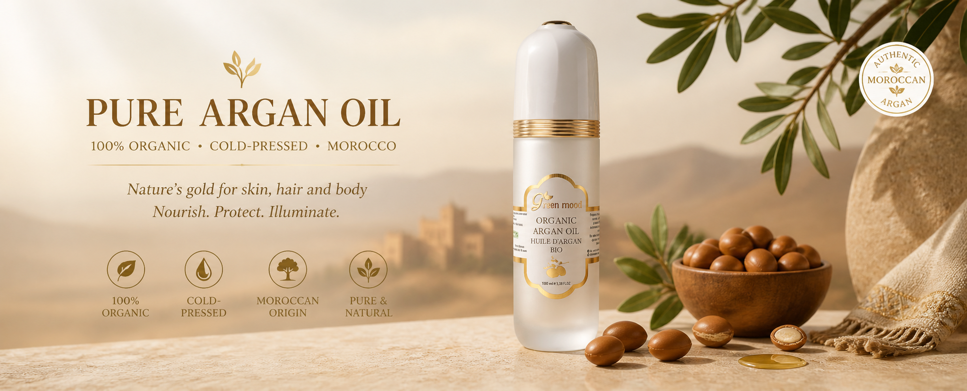 Pure Argan Oil of Morocco — cold-pressed organic premium Green Mood beauty oil for face, hair, and body
