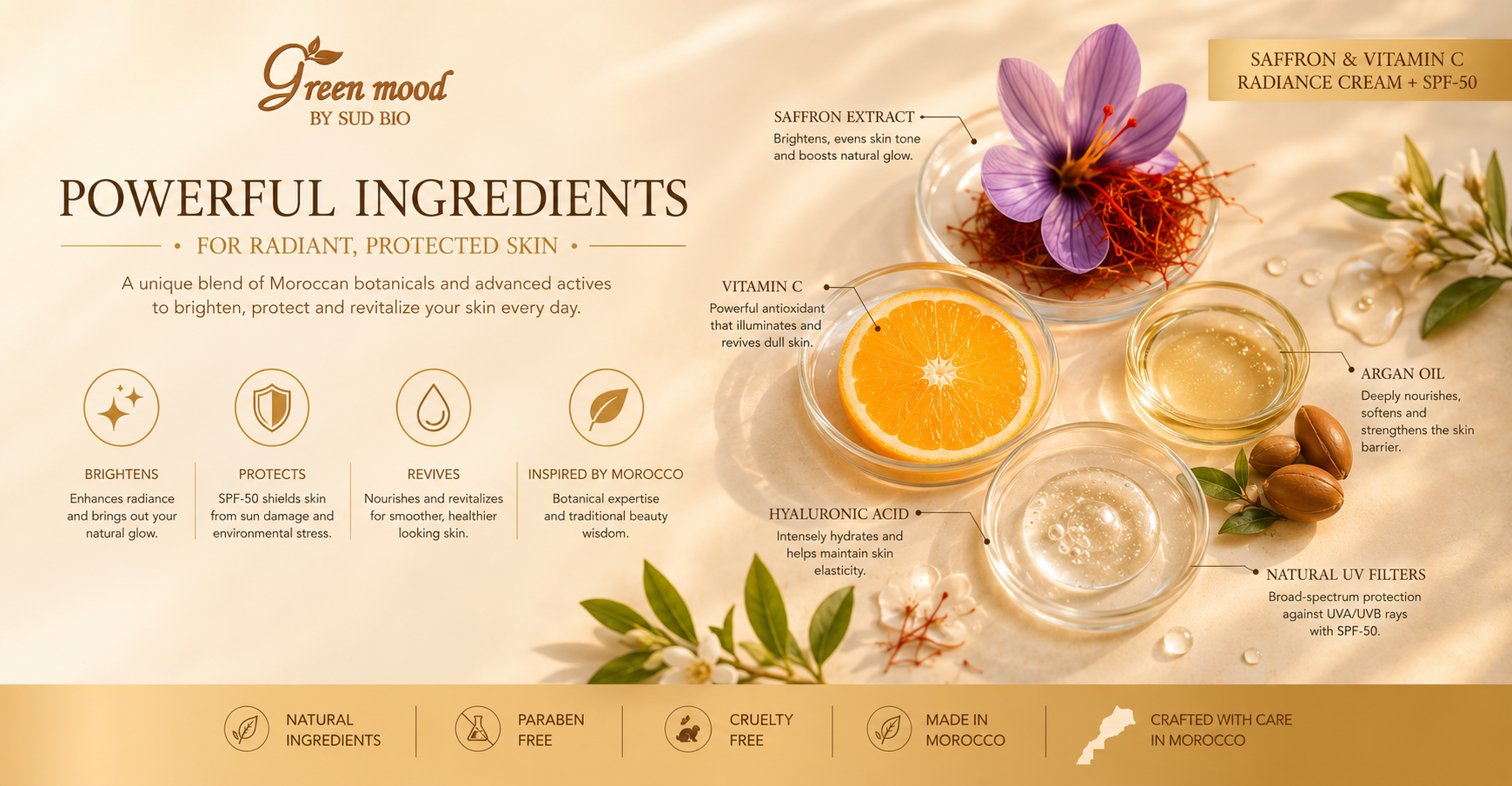 Key ingredients of Green Mood's Saffron & Vitamin C Radiance Cream — Moroccan saffron, vitamin C, hyaluronic acid, argan oil, prickly pear seed oil, and SPF 50 protection