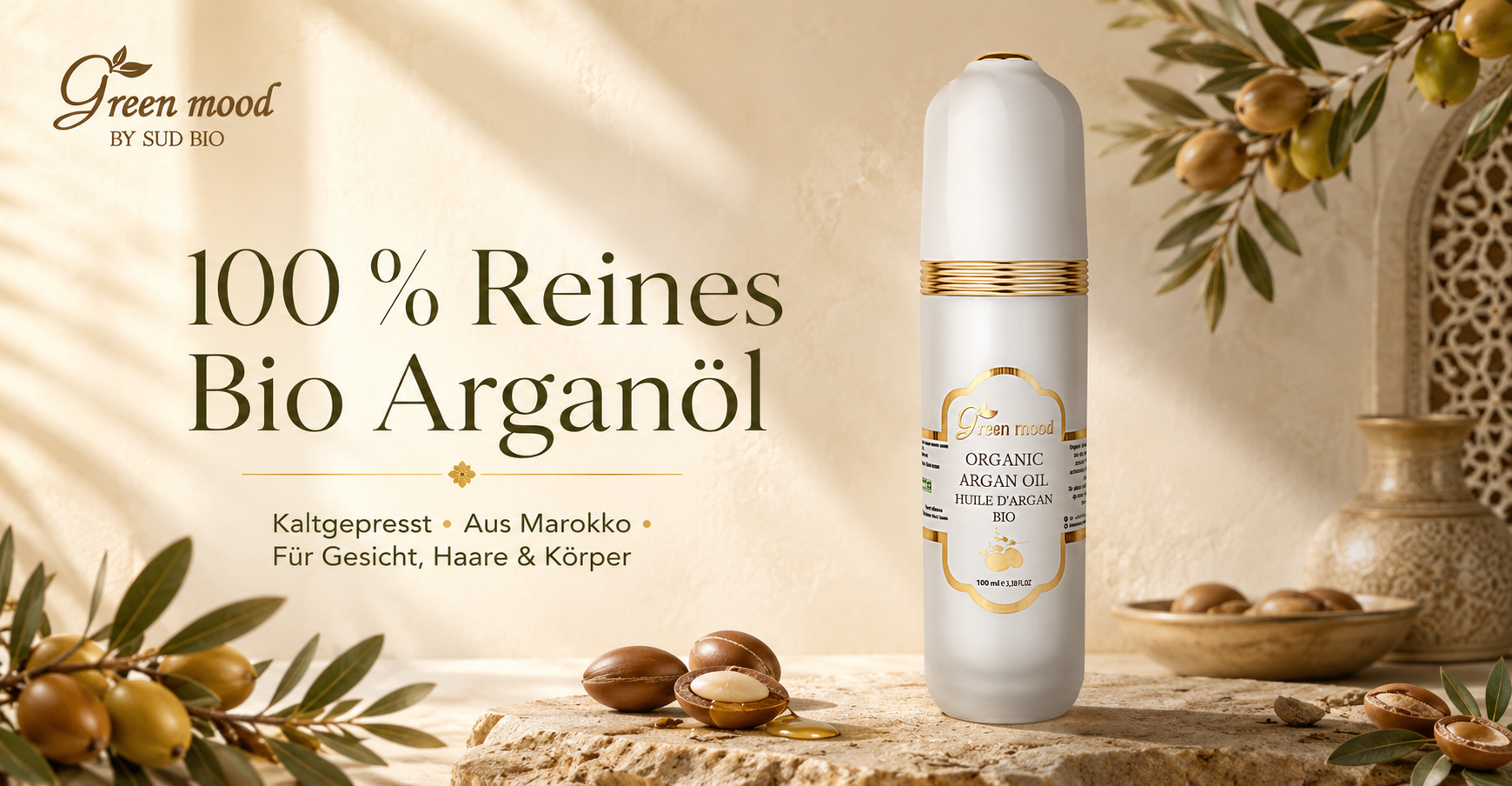 100 % reines, kaltgepresstes Arganöl aus Marokko – natürliche Pflege für Gesicht, Körper und Haare.