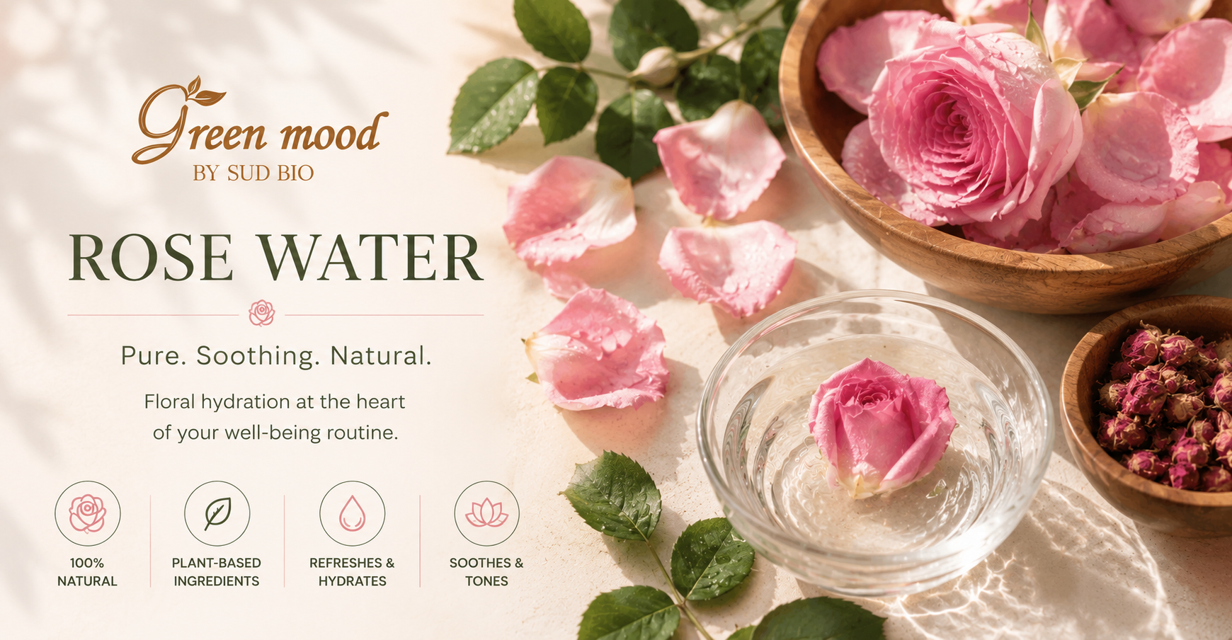 rose water with fresh roses and botanical ingredients for soothing, hydrating skincare by Green Mood.
