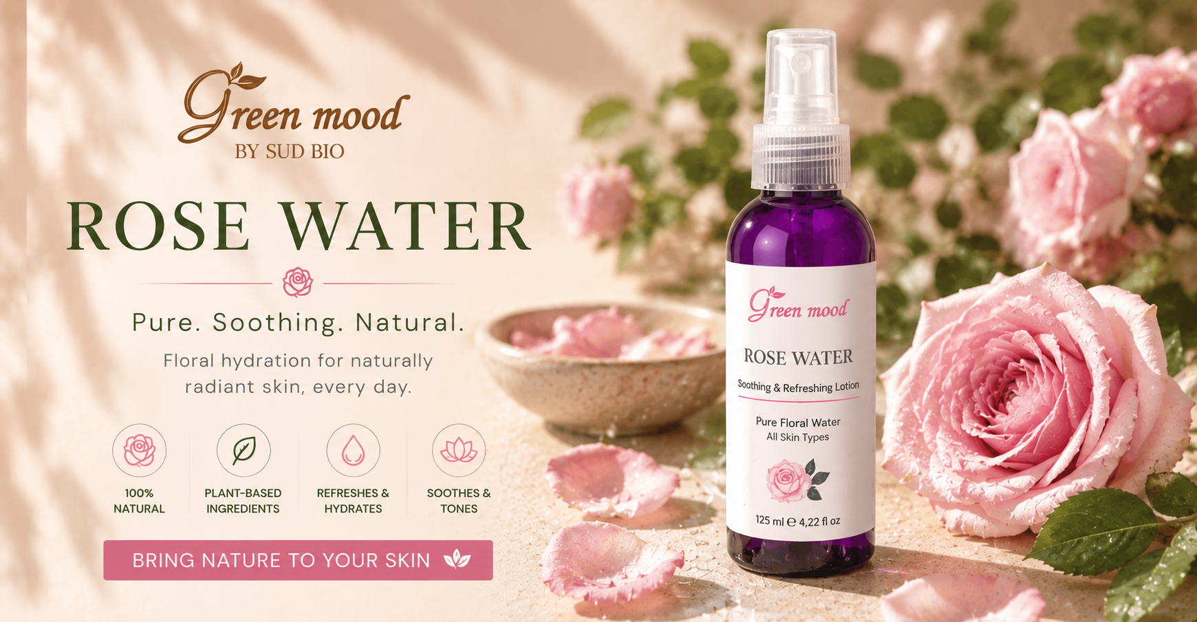 Green Mood Rose Water facial toner surrounded by fresh Moroccan roses, promoting natural hydration, soothing care and radiant skin.