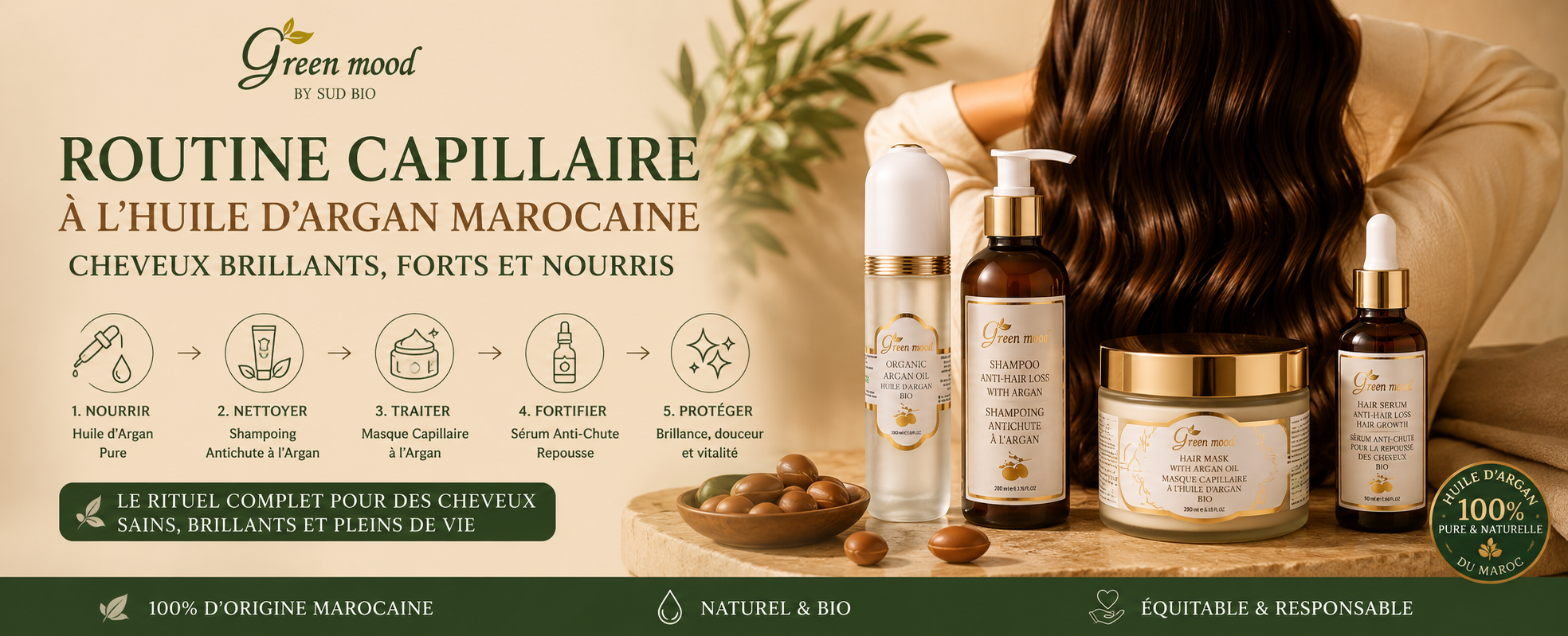 Routine capillaire à l'huile d'argan marocaine — cheveux brillants