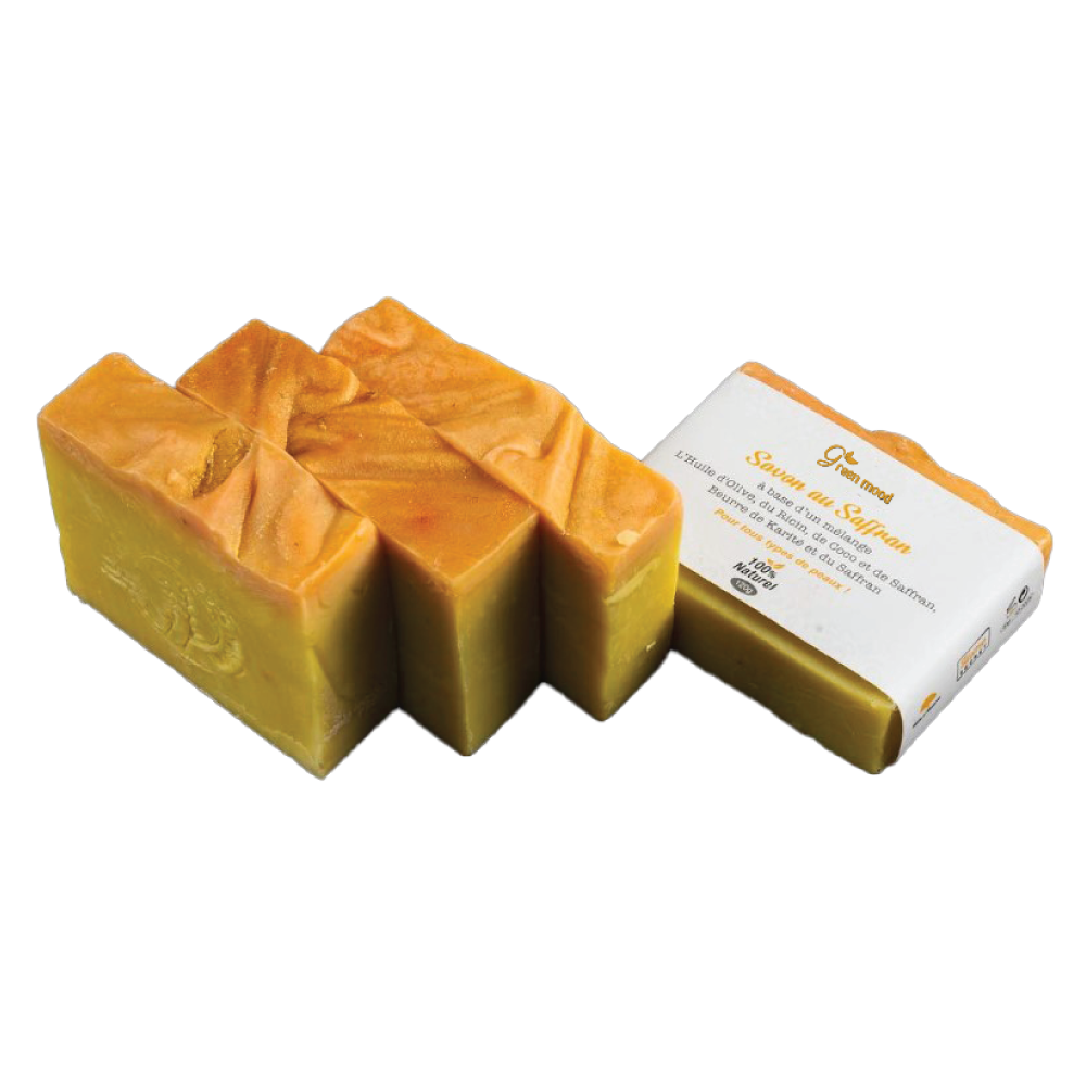 savon-au-saffran-1.png Green Mood Saffron Soap – natural cleansing bar with saffron for gentle purification and radiant, soft skin - Savon au Safran Green Mood – savon naturel apaisant pour visage et corps, avec extrait de safran pour purifier et illuminer la peau