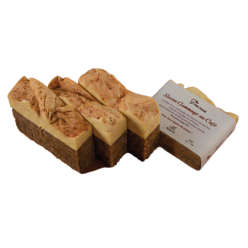 savon-gommage-aux-cafe-1.png Green Mood Coffee Scrub Soap – exfoliating cleansing bar with coffee granules for smooth, refreshed and radiant skin - Savon Exfoliant au Café Green Mood