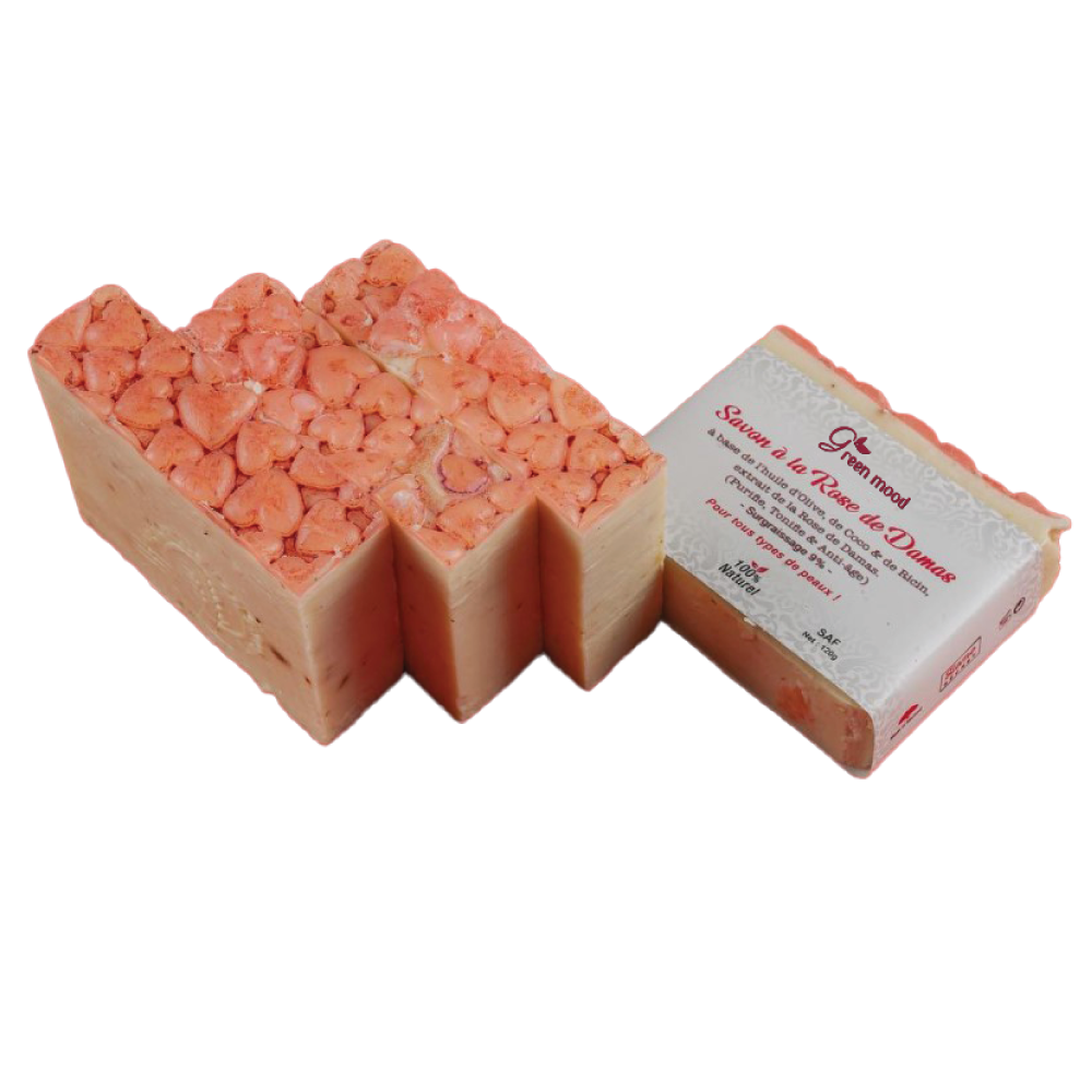 savon-rose-de-damass-1.png Green Mood Pink Clay Soap – natural cleansing bar with pink clay for gentle deep cleansing and soft, radiant skin. - Savon à l’Argile Rose Green Mood – savon naturel visage et corps à l’argile rose