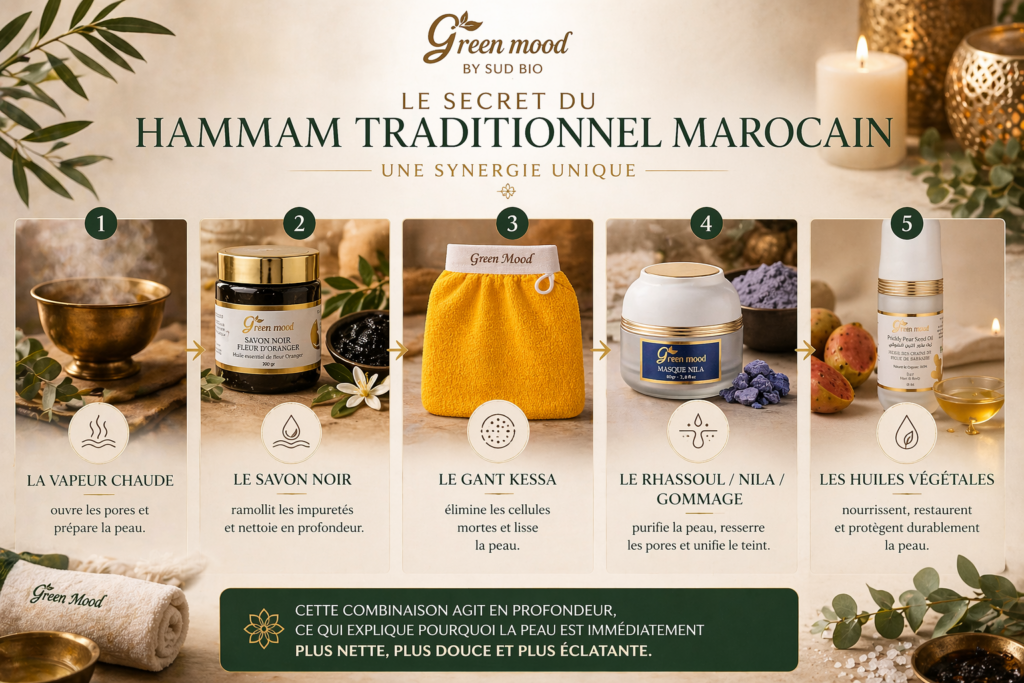 étapes hammam marocain savon noir gant kessa Green Mood