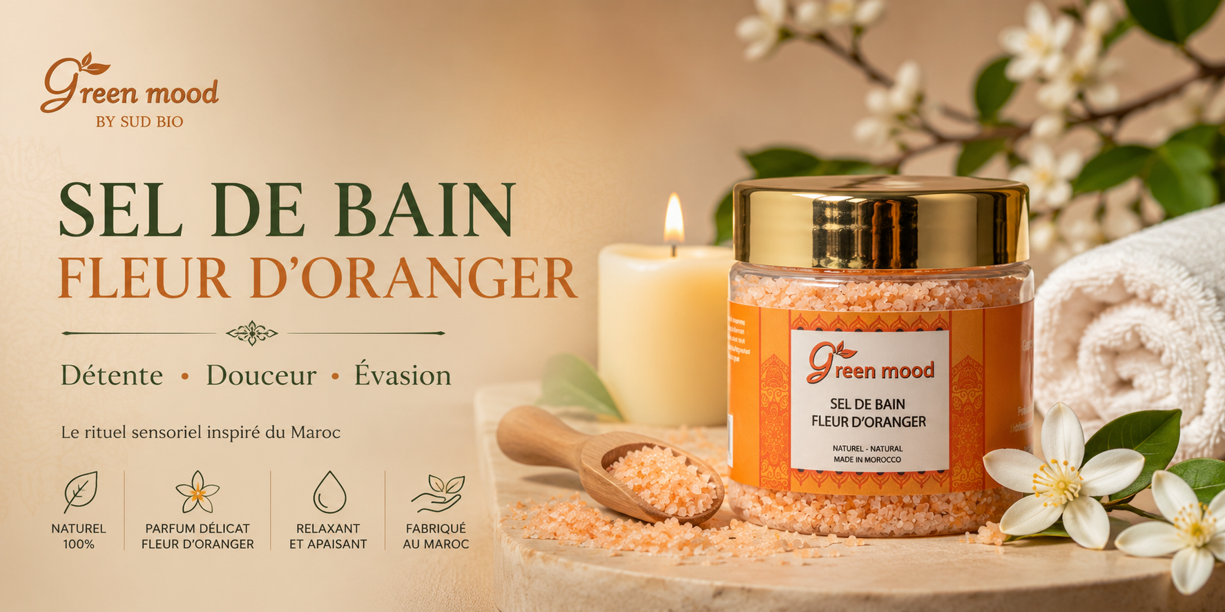 Sel de Bain Fleur d'Oranger Green Mood – Sel de bain naturel relaxant inspiré des rituels marocains