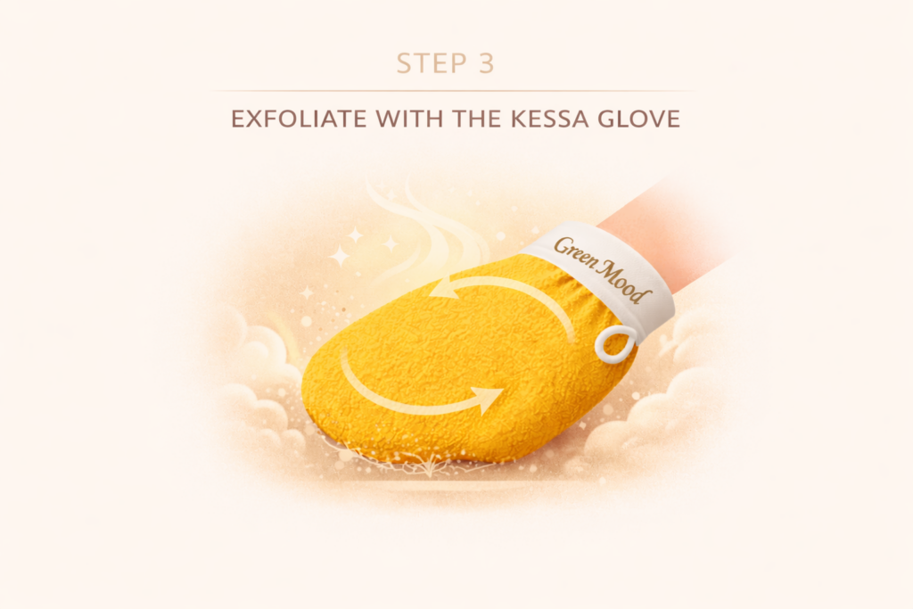 Step three of Moroccan Hammam Ritual - Exfoliating with Kessa Glove