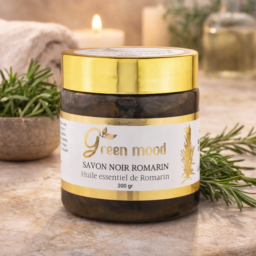Green Mood rosemary black soap for traditional Moroccan hammam