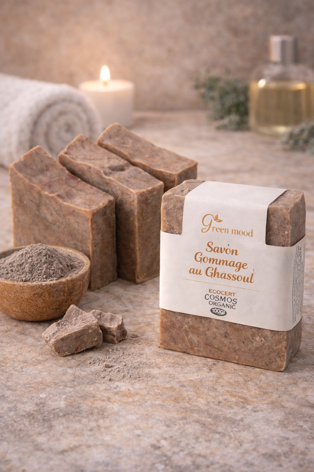 Green Mood ghassoul scrub soap with rhassoul clay for Moroccan hammam