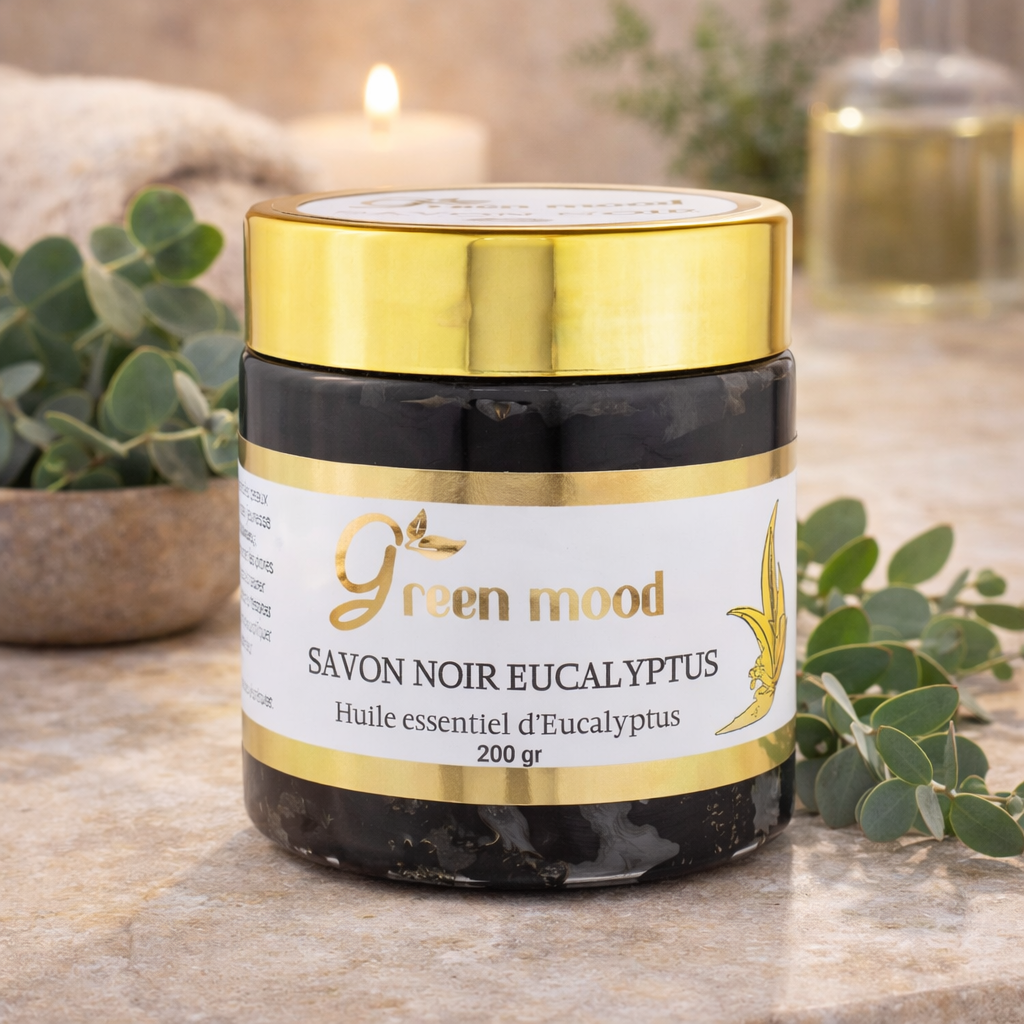 Green Mood eucalyptus black soap for Moroccan hammam ritual