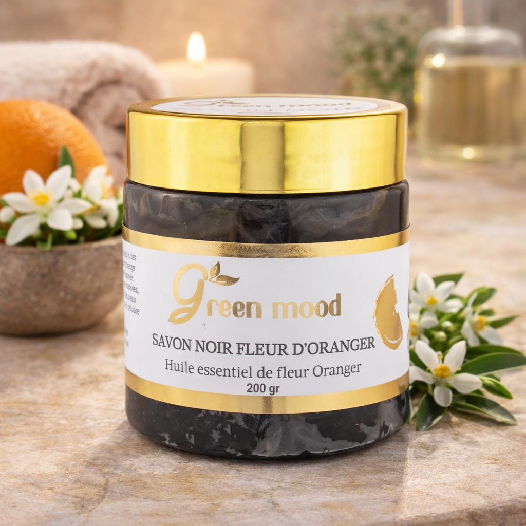 Green Mood orange blossom black soap for Moroccan hammam routine