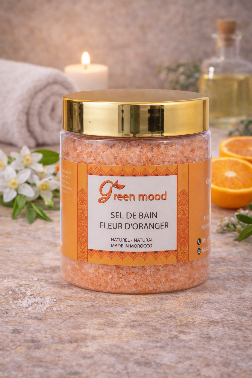 Green Mood orange blossom bath salt for soothing Moroccan hammam bath