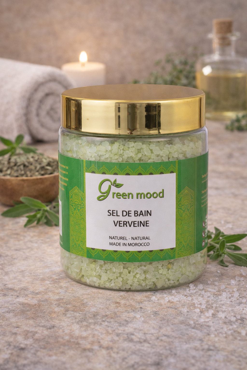 Green Mood verbena bath salt for relaxing hammam bath ritual